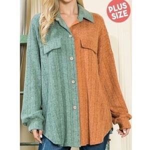 Plus Size Shabby Chic Two Tone Soft Shacket Jacket Top